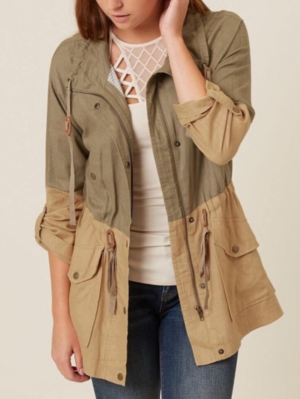 Blu Pepper Colorblock Zip Up Jacket Linen Cotton Blend